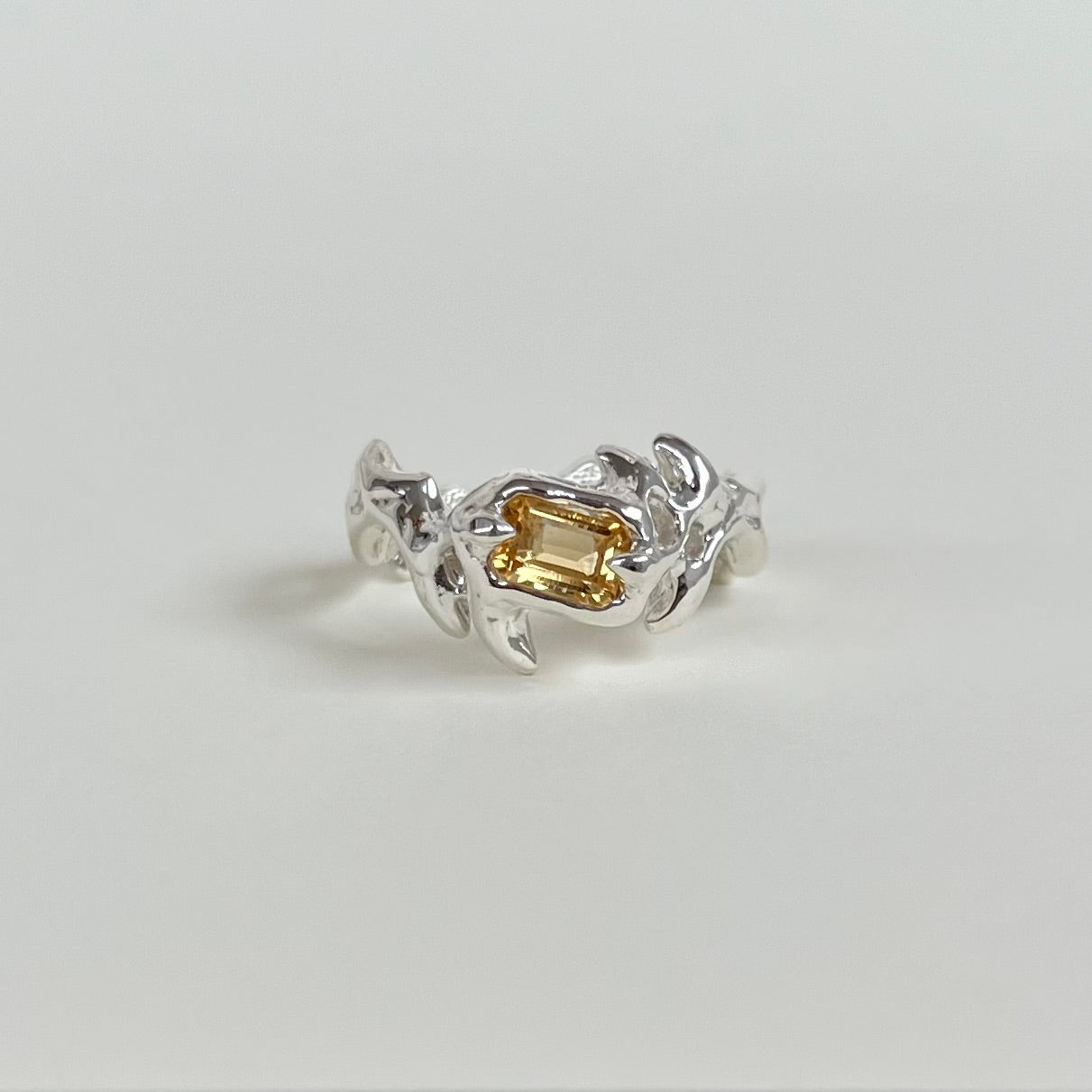 Mini KHAOS sterling silver ring with emerald cut citrine gemstone