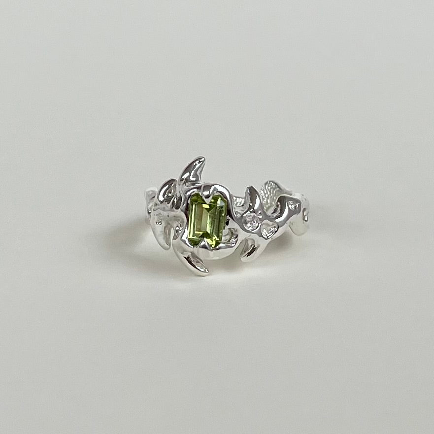 Mini KHAOS sterling silver staple ring with emerald cut vertical gemstone