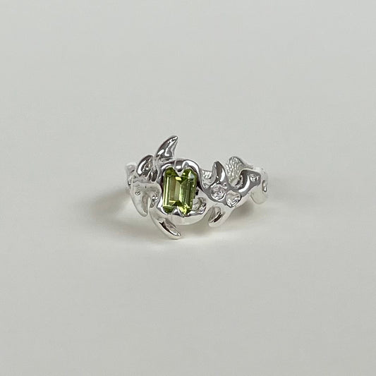 Mini KHAOS sterling silver ring with emerald cut vertical gemstone I